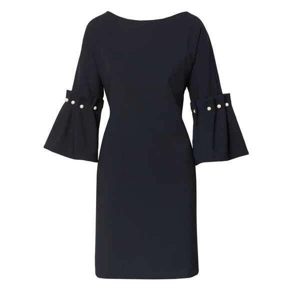 NWT Banana Republic Navy Blue Bell Sleeve Pearl Detail Shift Dress Sz 0 - Picture 1 of 10